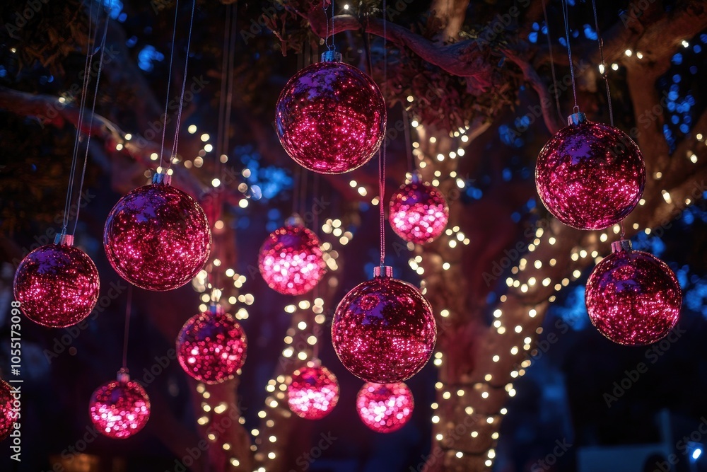 Poster shiny pink christmas balls hanging from tree branches decorated with string lights