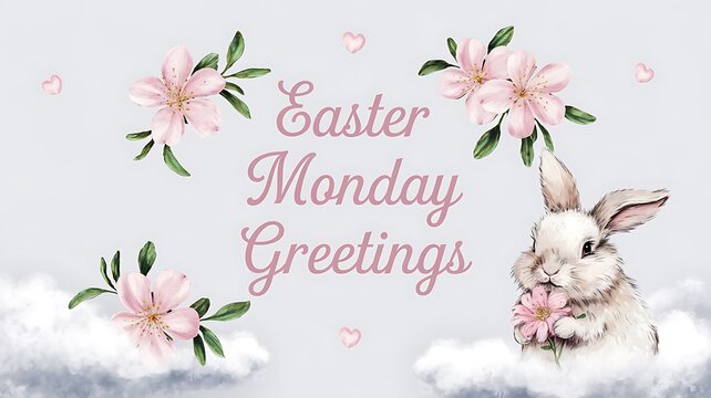Easter Monday Greetings Card with a Bunny and Flowers - Powered by Adobe