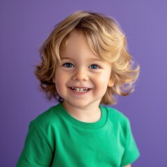Naklejka premium Joyful toddler with blonde hair in green shirt on purple background