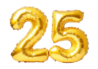 Number 25 twenty five made of golden inflatable balloons isolated on white. Helium balloons; gold foil numbers. Party decoration; anniversary sign for holidays; celebration; birthday; carnival