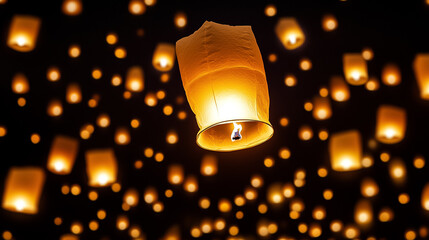 Lanterns ascend into the night, filling the sky with warm light, symbolizing hope and celebration