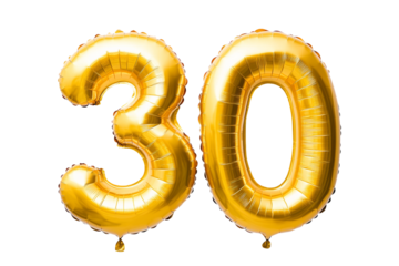 Number 30 thirty made of golden inflatable balloons isolated on white. Helium balloons; gold foil numbers. Party decoration; anniversary sign for holidays; celebration; birthday; carnival