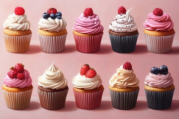 Ten delicious cupcakes with cream and berries creating a tempting display