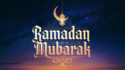 Ramadan Mubarak Greeting with Crescent Moon and Lantern Against a Starry Sky