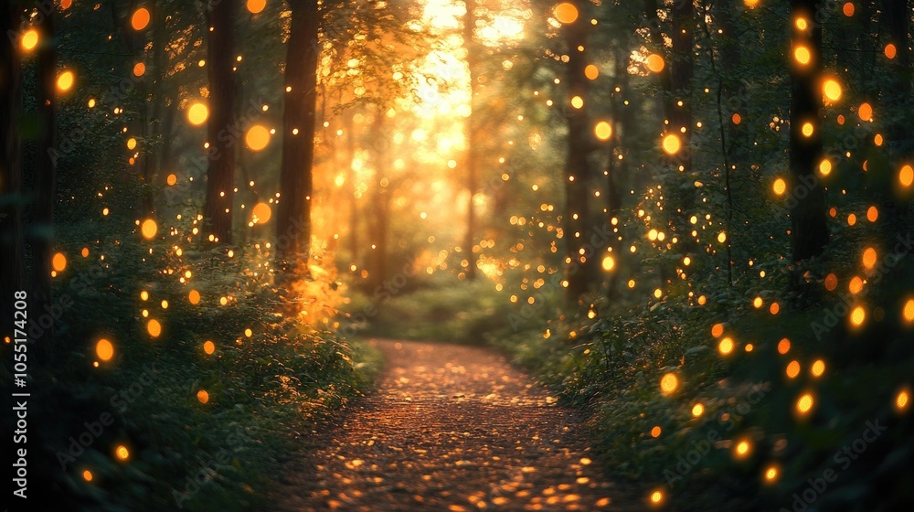 Poster magical forest path with glowing fireflies at sunset creating enchanting atmosphere