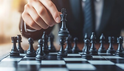 A Hand Holding a Black King Chess Piece Above a Chessboard