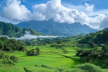 Fototapeta premium Green rice terraces stretching to majestic mountain peaks under cloudy sky