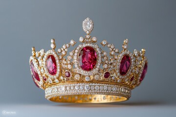 Gold crown embellished with sparkling diamonds and rubies floating on gray background