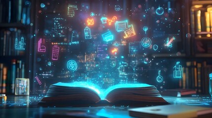 A 3D digital background showcasing a virtual classroom setting with floating symbols and icons representing various academic disciplines such as science mathematics and the arts