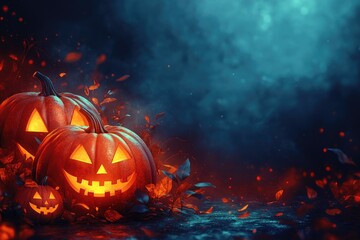 Obraz premium Halloween pumpkins glowing in the dark with blue background