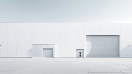 Minimalist Industrial Facade: A stark and spacious industrial building with a single large garage door, creating a sense of anticipation and possibility.