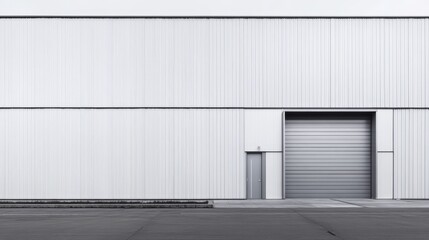Fototapeta premium Industrial Minimalism: A stark, modern warehouse exterior, featuring a large, grey roll-up door and a smaller pedestrian entrance.