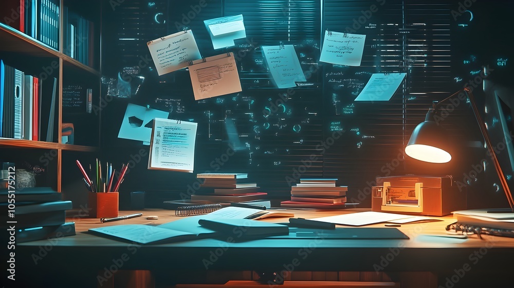 Poster innovative 3d rendering of a modern student desk workspace featuring floating digital notebooks pens