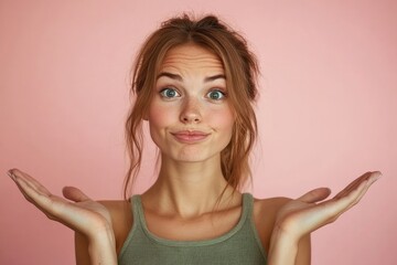 Young woman showing i don't know gesture with doubtful face expression