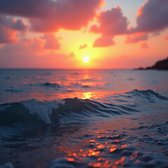 The ocean is calm and the sun is setting, creating a beautiful
