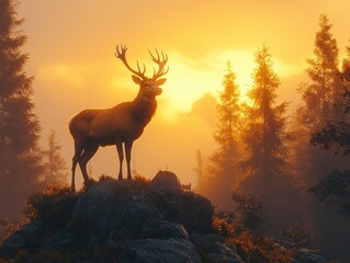 Majestic deer silhouette on a ridge, golden sunrise illuminating the horizon, serene and captivating natural beauty