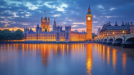 Fototapeta premium The Houses of Parliament and Big Ben illuminated at sunset, reflected in the River Thames.