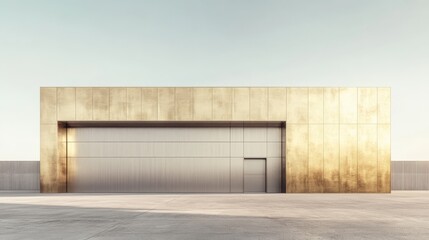 Obraz premium Modern Minimalist Architecture: A sleek, contemporary building with a golden facade stands out against a minimalist backdrop, evoking a sense of sophistication and modern design. 
