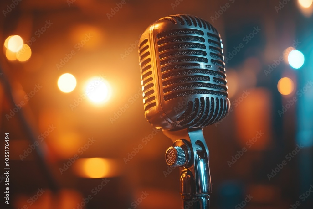 Poster vintage microphone on stage with colorful bokeh lights