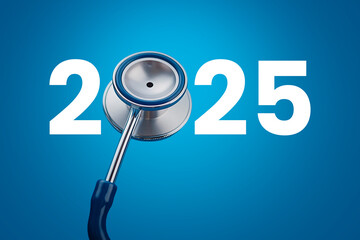 Stethoscope and Numbers 2025 On Blue Pastel Background With Copy Space for Your Design Happy and Healthy New Year Medical Banner Image