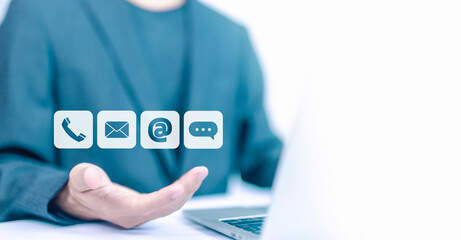 hand show the icon ( address, phone, email, call ) to contact customer support. help from mail websites digital technology of business contact service. contact us concept.