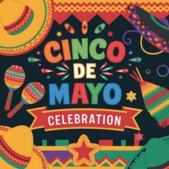 Fototapeta premium Colorful Illustration of Cinco De Mayo Celebration with Sombreros, Maracas, and a Pi?ata