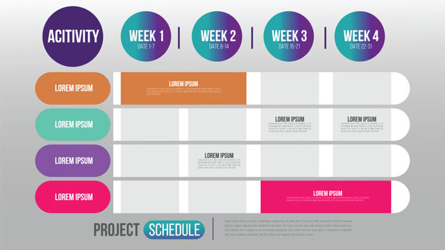 Project schedule activity event chart daily and weekly timetable infographic design template.Overview planning timeline business vector illustration.
