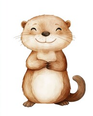 Adorable smiling otter cartoon in watercolor style perfect for nursery decor, featuring a cute and happy animal illustration with minimalistic charm