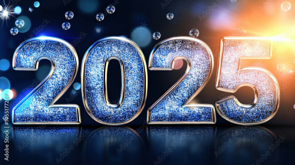 Poster shiny 2025 numbers in metallic style with sparkling effects and bubbles, creating festive atmosphere