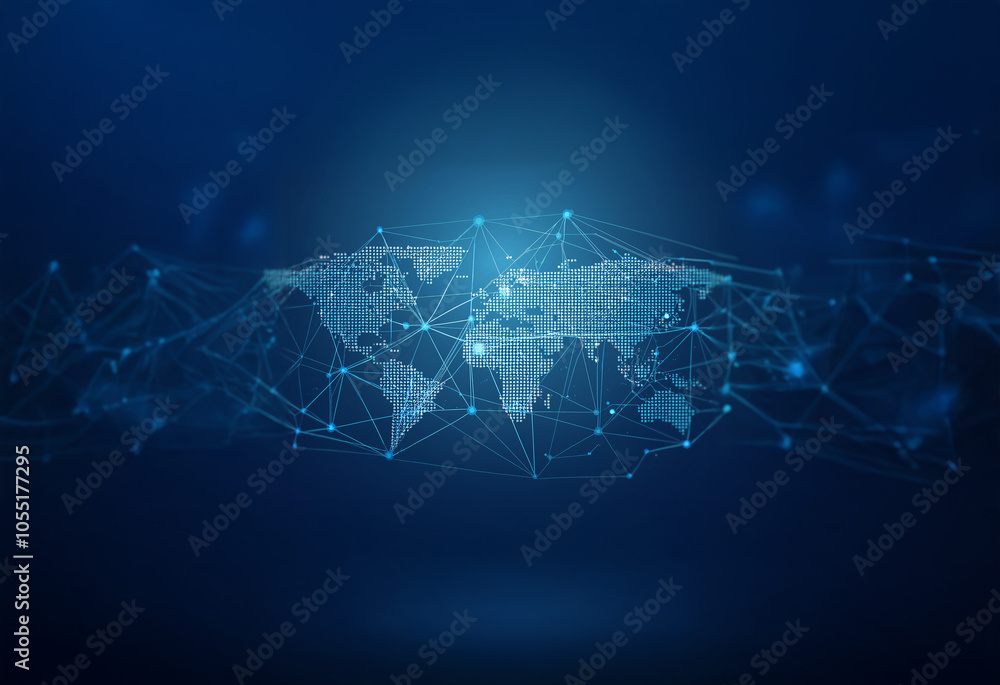 Poster an abstract representation of the world with a network of connected lines and dots on a blue backgro