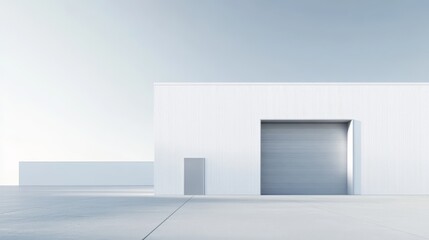 Minimalist Architectural Scene: Clean lines and a subtle color palette create a minimalist and modern aesthetic in this architectural scene, featuring a large, closed garage door with a sleek.