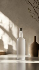 A frosted liquor bottle sits on a polished counter, bathed in soft natural light