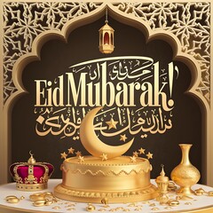 Golden Eid Mubarak Celebration with Cake, Crown, and Lanterns