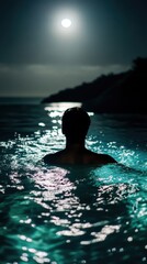 Fototapeta premium Tranquil Night Swim Under the Moon: A Serene Escape into Nature's Embrace