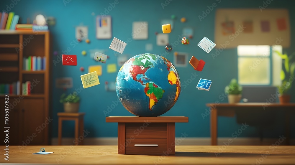Aufkleber a 3d render of a virtual classroom globe with floating icons representing various school subjects an