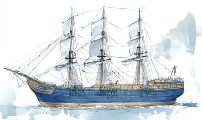 Fototapeta premium Sailing Ship with Three Masts and a Blue Hull, Watercolor Illustration