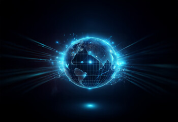 Obraz premium A glowing blue digital globe with grid lines on a dark background, surrounded by radiating light streaks, symbolizing global connection and data flow.