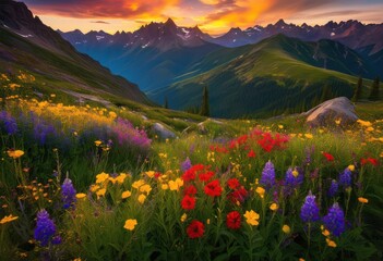 vibrant flora surrounded stunning mountain scenery lush greenery brightly colored wildflowers, adventure, alpine, backdrop, bloom, botanical, colorful