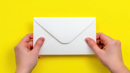 Close up of hands holding white envelope on bright yellow background, conveying anticipation and curiosity