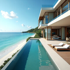 Fototapeta premium White house with a pool and a beach in the background