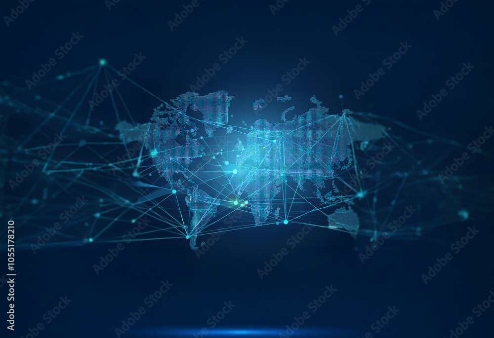 Poster a stylized world map is depicted with interconnected lines and nodes, signifying global connection.
