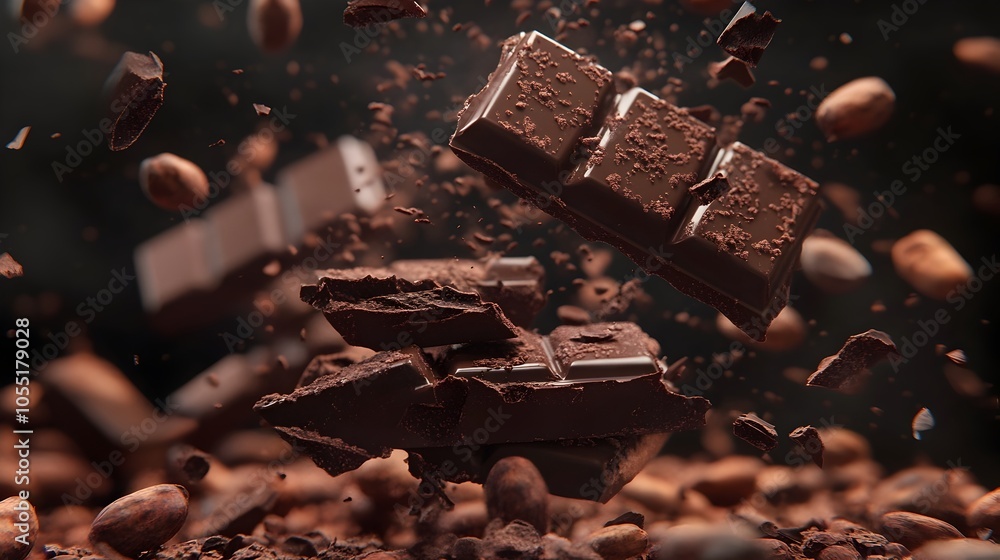 Poster broken chocolate bars in various sizes and shapes accompanied by scattered cocoa beans and chocolate