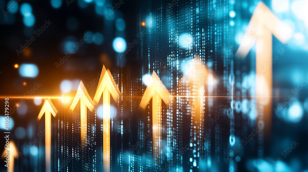 Poster a striking representation of financial progress with upward arrows and intricate data visuals in a d