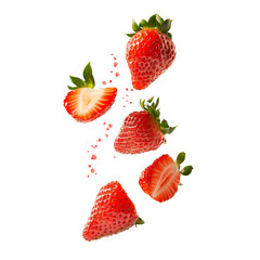 Slices of strawberries flying over transparent background.