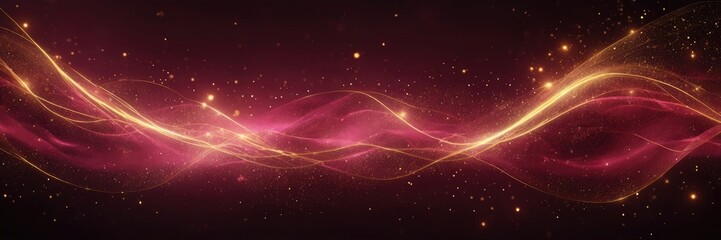 Obraz premium Dark Pink sparkling waves with particles golden light lines background