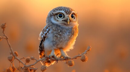 Fototapeta premium A small owl with large, round eyes perched on a branch against a warm, sunset backdrop.