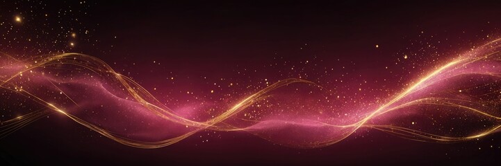 Obraz premium Dark Pink sparkling waves with particles golden light lines background
