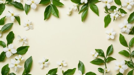 Fototapeta premium Arrangement of fresh jasmine flowers and verdant leaves, flat lay style, placed on a light cream background with abundant space for text, highlighting nature's beauty.