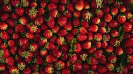A densely packed spread of ripe strawberries, filling the entire frame with vibrant red fruit and tiny green leaves.