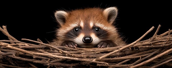 Obraz premium Adorable raccoon peeking from a nest against a dark background.
